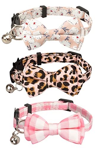 Gyapet Katzenhalsband-Set, 3-teilig, Leopardenmuster, solides Blumenmuster, Fliege, Glocke, Sicherheitsfrühling, Kätzchen, Breakaway [3 Stück], Pink 1 von gyapet