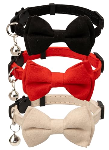 Gyapet Katzenhalsband mit Glöckchen, Sicherheitsschleife, für kleine Welpen, einfarbig, Schwarz / cremefarben / Rot, 3 Stück von gyapet