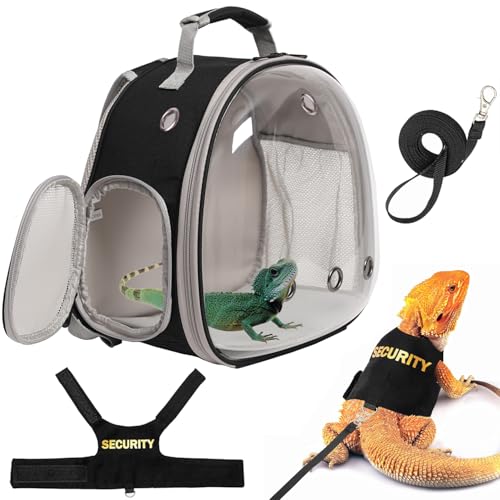 Bearded Dragon Rucksack mit Sicherheitsdruck, Geschirr, Leine, Set, Reptilien-Eidechse, Weltraumkapsel, Astronaut, klares Sichtfenster, Reisetrage für Kleintiere, Meerschweinchen, Schwarz, von halinfer