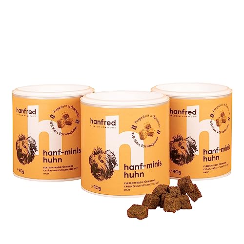 Hanf Minis für kleine Hunde, Snack für Hunde in Würfelform - Getreidefrei, bessere Konzentration, Naturprodukt aus Österreich - 3 x 90g (Huhn) von hanfred