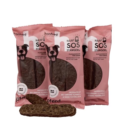 Hanfred SOS Stangerl enthalten Pferdefleisch getrocknet und Hanfpulver - Snack für Hunde, Futterergänzung, bei Unruhe, gegen Stress, unterstützt die Verdauung und Gelenke (3 x 65g) von hanfred