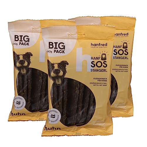 SOS Big Pack Stangerl Huhn, Hundesnack mit natürlichem Hanf, Snack für Hunde, Futterergänzung, getreidefrei, bei Unruhe, gegen Stress, 3 x 130g von hanfred