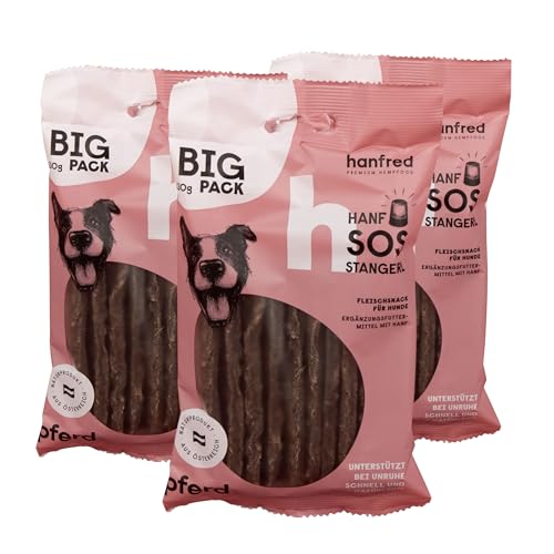 SOS Big Pack Stangerl Pferdefleisch, Hundesnack mit natürlichem Hanf, Snack für Hunde, Futterergänzung, getreidefrei, bei Unruhe, gegen Stress, 3 x 130g von hanfred