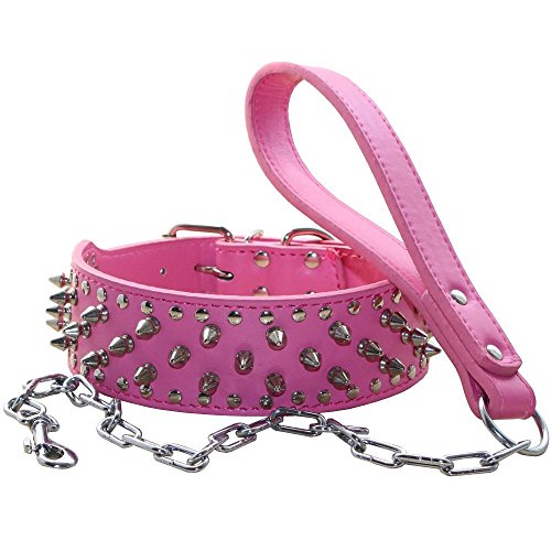 Haoyueer Hundehalsband mit Nieten, Punk, Nieten, mit Edelstahlschnalle, weiches Leder, strapazierfähig, passend für Pitbull, Bulldogge, Dobermann (Hot Pink, L) von haoyueer