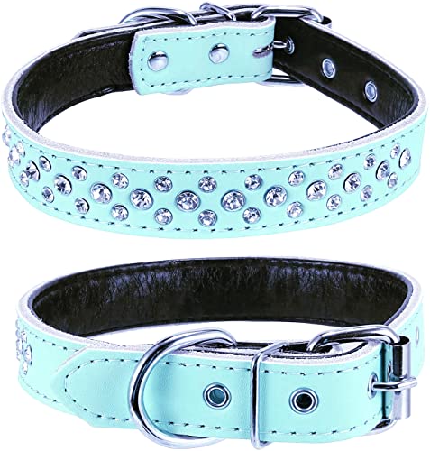 Haoyueer Hundehalsband mit Strasssteinen, verstellbar, glitzernde Kristallnieten, echtes Leder, Haustier-Hundehalsband für kleine und mittelgroße Hunde (M, Blau) von haoyueer