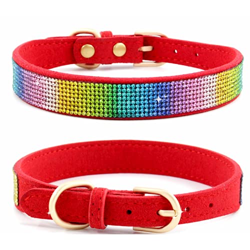 Haoyueer Strass-Hundehalsband, niedlich, schillernd, funkelnd, weiches Wildleder, für Hunde und Katzen, Strass, Kristall, Diamant, Haustier, Welpenhalsband (L, Rot-2) von haoyueer