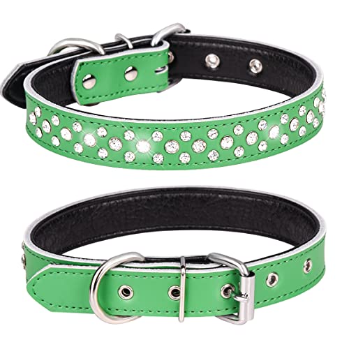 Haoyueer Hundehalsband mit Strasssteinen, verstellbar, glitzernde Kristallnieten, echtes Leder, Haustier-Hundehalsband für kleine und mittelgroße Hunde (L, Grün) von haoyueer