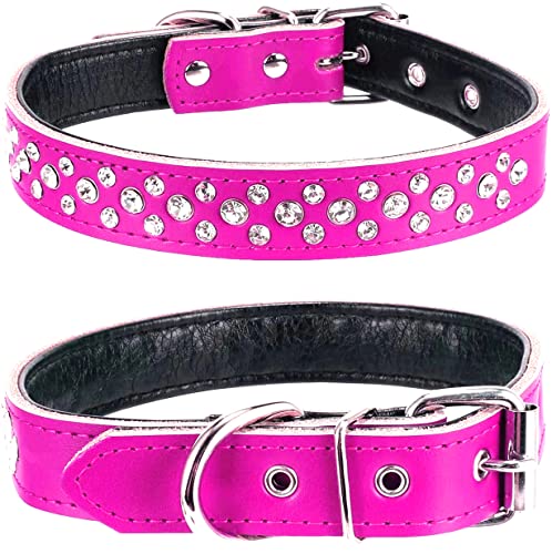 Haoyueer Hundehalsband mit Strasssteinen, verstellbar, glitzernde Kristallnieten, echtes Leder, Haustier-Hundehalsband für kleine und mittelgroße Hunde (M, Hot Pink) von haoyueer