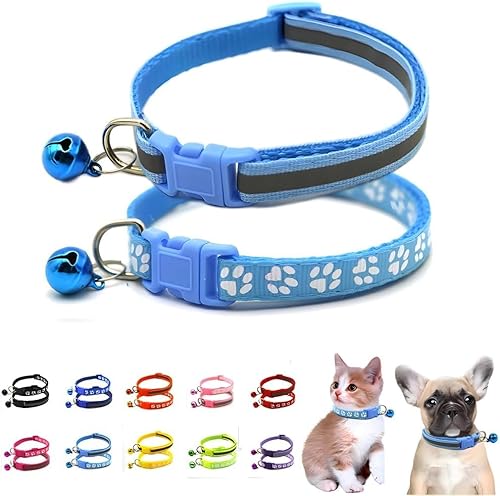 XXS Hundehalsband mit Glöckchen, 2er-Pack, einfaches und reflektierendes Katzenhalsband mit Glöckchen, für XXS, XS, kleine Haustiere, Jungen, kleine Kätzchen, Mädchen, Tier (Hellblau, Halsumfang von haoyueer