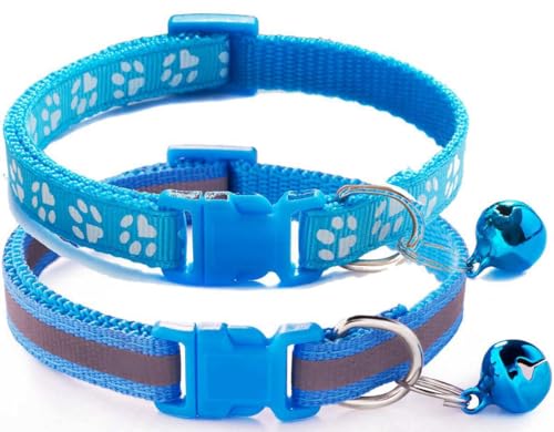 XXS Hundehalsband mit Glöckchen, 2er-Pack, einfaches und reflektierendes Katzenhalsband mit Glöckchen, für XXS, XS, kleine Haustiere, Jungen, kleine Kätzchen, Mädchen, Tier (Hellblau, Halsumfang von haoyueer