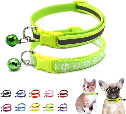 XXS Hundehalsband mit Glöckchen, 2er-Pack, einfaches und reflektierendes Katzenhalsband mit Glöckchen, für XXS, XS, kleine Haustiere, Jungen, kleine Kätzchen, Mädchen, Tier (Hellgrün, Halsumfang von haoyueer