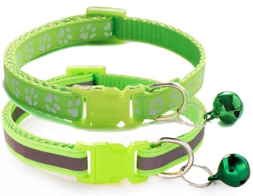 XXS Hundehalsband mit Glöckchen, 2er-Pack, einfaches und reflektierendes Katzenhalsband mit Glöckchen, für XXS, XS, kleine Haustiere, Jungen, kleine Kätzchen, Mädchen, Tier (Hellgrün, Halsumfang von haoyueer