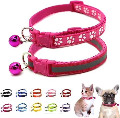 XXS Hundehalsband mit Glöckchen, 2er-Pack, einfaches und reflektierendes Katzenhalsband mit Glöckchen, für XXS, XS, kleine Haustiere, Jungen, kleine Kätzchen, Mädchen, Tier (Hot Pink, Halsumfang von haoyueer