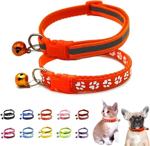 XXS Hundehalsband mit Glöckchen, 2er-Pack, einfaches und reflektierendes Katzenhalsband mit Glöckchen, für XXS, XS, kleine Haustiere, Jungen, kleine Kätzchen, Mädchen, Tier (Orange, Halsumfang von haoyueer