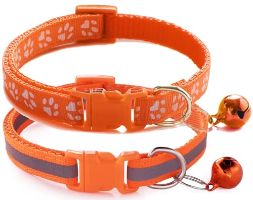 XXS Hundehalsband mit Glöckchen, 2er-Pack, einfaches und reflektierendes Katzenhalsband mit Glöckchen, für XXS, XS, kleine Haustiere, Jungen, kleine Kätzchen, Mädchen, Tier (Orange, Halsumfang von haoyueer