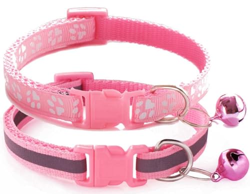 XXS Hundehalsband mit Glöckchen, 2er-Pack, einfaches und reflektierendes Katzenhalsband mit Glöckchen, für XXS, XS, kleine Haustiere, Jungen, kleine Kätzchen, Mädchen, Tier (Rosa, Halsumfang 17,8–30,5 von haoyueer