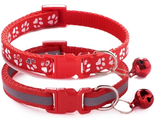 XXS Hundehalsband mit Glöckchen, 2er-Pack, einfaches und reflektierendes Katzenhalsband mit Glöckchen, für XXS, XS, kleine Haustiere, Jungen, kleine Kätzchen, Mädchen, Tier (Rot, Halsumfang 17,8–30,5 von haoyueer