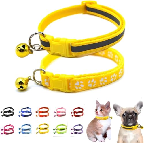 XXS Hundehalsband mit Glöckchen, 2er-Pack, einfaches und reflektierendes Katzenhalsband mit Glöckchen, für XXS, XS, kleine Haustiere, Jungen, kleine Kätzchen, Mädchen, Tier (gelb, Halsumfang 17,8–30,5 von haoyueer