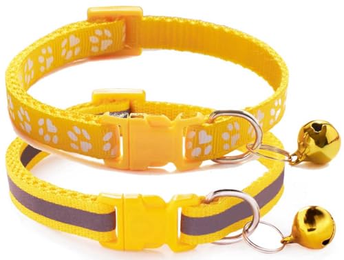 XXS Hundehalsband mit Glöckchen, 2er-Pack, einfaches und reflektierendes Katzenhalsband mit Glöckchen, für XXS, XS, kleine Haustiere, Jungen, kleine Kätzchen, Mädchen, Tier (gelb, Halsumfang 17,8–30,5 von haoyueer