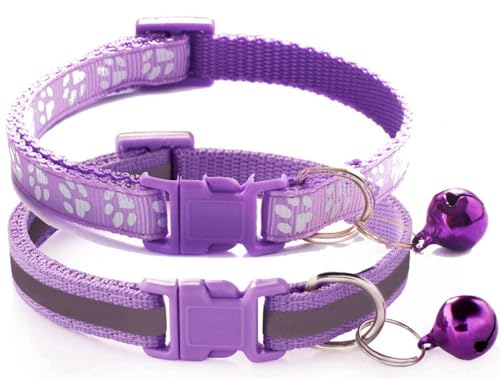 XXS Hundehalsband mit Glöckchen, 2er-Pack, einfaches und reflektierendes Katzenhalsband mit Glöckchen, für XXS, XS, kleine Haustiere, Jungen, kleine Kätzchen, Mädchen, Tier (lila, Halsumfang 17,8–30,5 von haoyueer