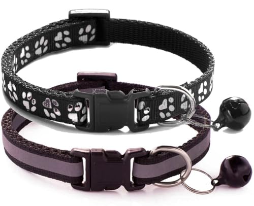 XXS Hundehalsband mit Glöckchen, 2er-Pack, einfaches und reflektierendes Katzenhalsband mit Glöckchen, für XXS, XS, kleine Haustiere, Jungen, kleine Kätzchen, Mädchen, Tier (schwarz, Halsumfang von haoyueer