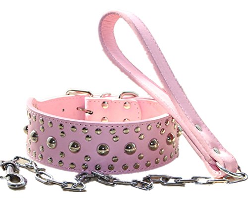 haoyueer Hundehalsband, Leder, Nieten, Kombi-Set, Haustierzubehör für mittelgroße und große Pitbull, Husky, Mastiff-Terrier, 5,1 cm breit, Größe M, Rosa von haoyueer