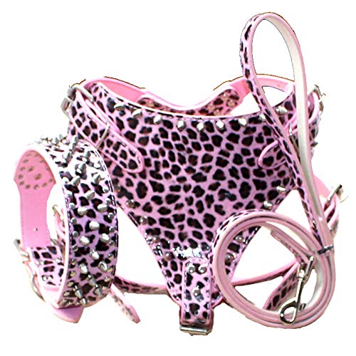 haoyueer Hundehalsbänder, Geschirre und Leinen, Leder, mit Nieten, 3-teiliges Set für mittelgroße und große Rassen, Pit Bull, Mastiff, Boxer, Bull Terrier etc. (S, Pink Leopard) von haoyueer