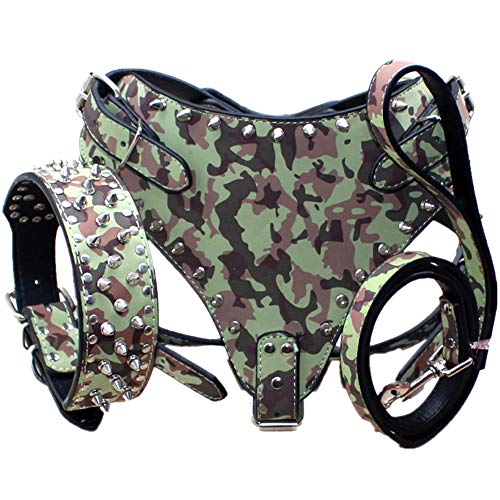 haoyueer Hundehalsbänder, Geschirre und Leinen, Leder, mit Nieten, 3-teiliges Set für mittelgroße und große Rassen, Pit Bull, Mastiff, Boxer, Bull Terrier usw. (XL, Camouflage) von haoyueer