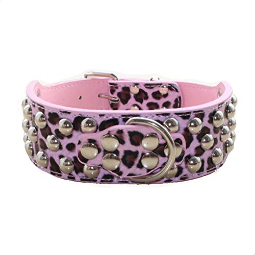 haoyueer Leder-Hundehalsband, 5,1 cm breit, 3-reihig, mit Nieten, für mittelgroße und große Hunde, Pitbull, Mastiff, Boxer, Bully ... (M, Pink Leopard) von haoyueer