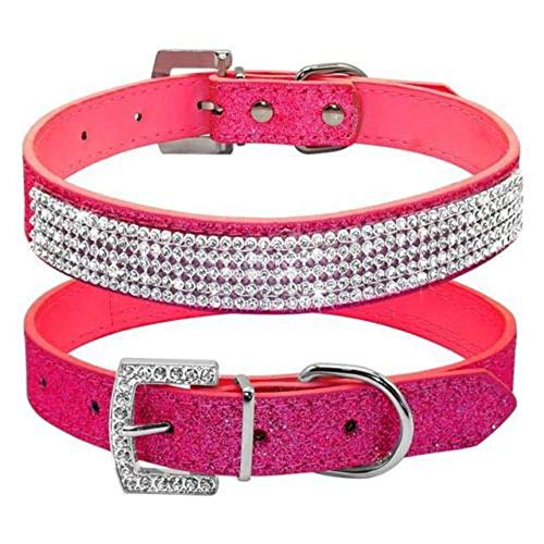 haoyueer Hundehalsband, Leder, glitzernd, glitzernd, mit Strasssteinen, Größe M, Hot Pink von haoyueer