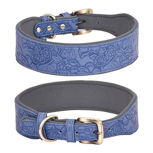 haoyueer Hundehalsband aus Leder, für große Hunde, mittelgroße Hunde und kleine Hunde, PU-Lederhalsband für Hunde, geprägter Druck, Leder-Hundehalsbänder (L, Blau) von haoyueer