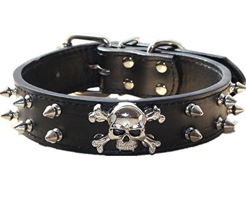 haoyueer Hundehalsband aus Leder, 2 Reihen mit Nieten und Nieten aus PU-Leder – Cooles Totenkopf-Zubehör für mittelgroße und große Hunde (L, schwarz) von haoyueer