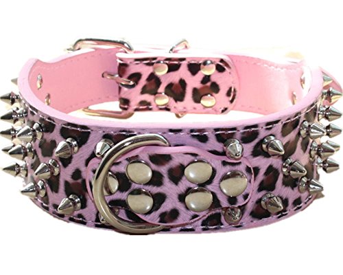 haoyueer Hundehalsband, Leder, mit Stacheln, Nieten, 5,1 cm breit, stilvolles Leder-Hundehalsband für mittelgroße und große Hunde, Pitbull ... (L, rosa Leopard) von haoyueer