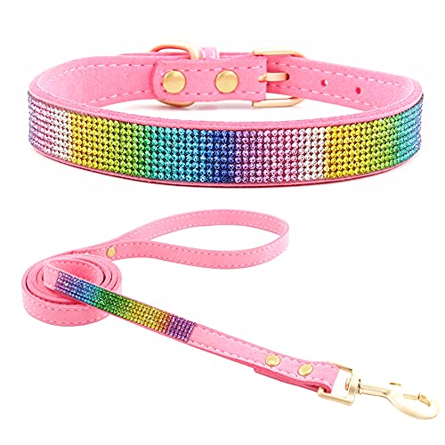 haoyueer Hundehalsband aus weichem Wildleder, schillernd, funkelnd, elegant, ausgefallen, mit Strasssteinen besetzt, für Haustiere, Welpen, Katzen, Hunde, Kombi-Set mit Leine (XXS, Rosa 2) von haoyueer