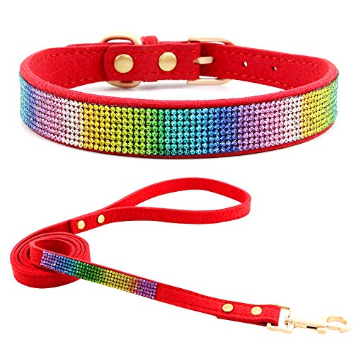 haoyueer Hundehalsband aus weichem Wildleder, schillernd, funkelnd, elegant, ausgefallen, mit Strasssteinen besetzt, für Haustiere, Welpen, Katzen, Hunde, Kombi-Set mit Leine (XXS, Rot 2) von haoyueer