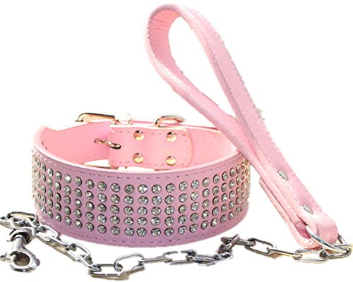 haoyueer Hundehalsband mit Leine, 5,1 cm breit, Leder, Strass-Steine, strapazierfähig, passend für Pitbull, Bulldogge, Dobermann, S, Pink von haoyueer