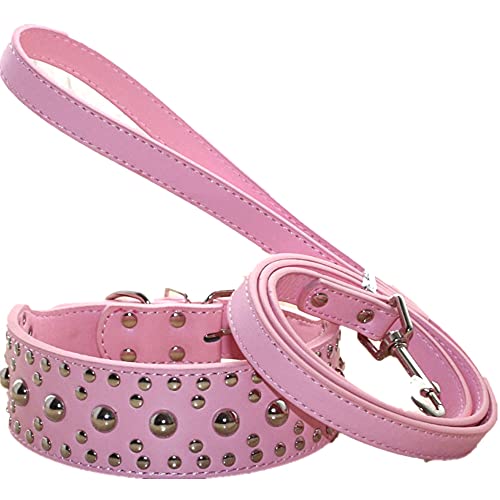 haoyueer Hundehalsband mit Nieten, 5,1 cm breit, PU-Leder, Hundehalsband mit Edelstahl-Schnalle, Leder-Leine, Kombi-Set für mittelgroße und große Hunde (L 48,3–55,9 cm, rosa) von haoyueer