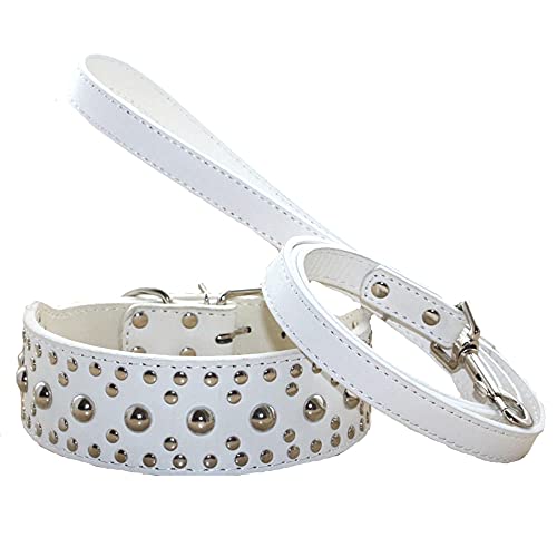 haoyueer Hundehalsband mit Nieten, 5,1 cm breit, PU-Leder, Hundehalsband mit Edelstahl-Schnalle, Leder-Leine, Kombi-Set für mittelgroße und große Hunde (L 48,3–55,9 cm, weiß) von haoyueer