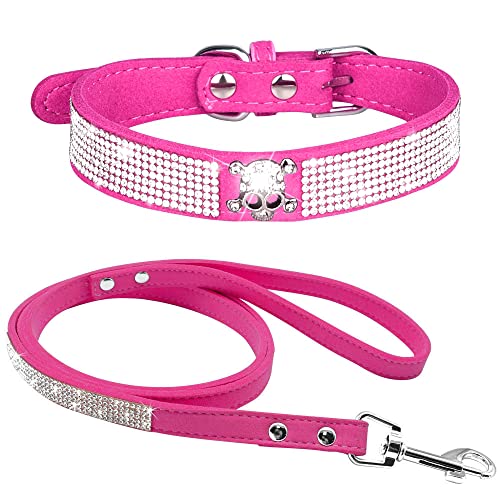 haoyueer Strass-Hundehalsband, niedlich, schillernd, funkelnd, weiches Wildleder, für Hunde, Katzen, Strasshalsband mit Leine, Kristalldiamant, Haustierhalsband für Hunde, Welpen, Größe M, Hot Pink, 5 von haoyueer