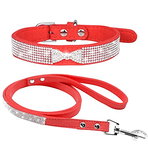 haoyueer Hundehalsband mit Strasssteinen, niedlich, schillernd, funkelnd, weiches Wildleder, für Hunde, Katzen, Strasshalsband mit Leine, Kristalldiamant, Haustierhalsband für Hunde, Welpen, Größe L, von haoyueer