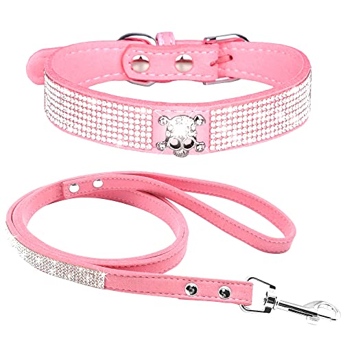 haoyueer Strass-Hundehalsband, niedlich, schillernd, funkelnd, weiches Wildleder, für Hunde, Katzen, Strasshalsband mit Leine, Kristalldiamant, Haustier, Hunde, Welpen, Halsband (S, Rosa-5) von haoyueer