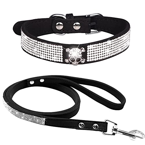 haoyueer Strass-Hundehalsband, niedlich, schillernd, funkelnd, weiches Wildleder, für Hunde, Katzen, Strasshalsband mit Leine, Kristalldiamant, Haustier, Hund, Welpenhalsband (S, Schwarz-5) von haoyueer