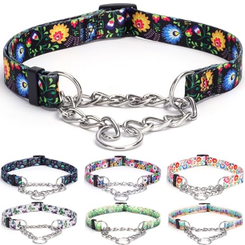 haoyueer Martingale Hundehalsband - Edelstahlkette, kein Ziehen, Trainingshalsband mit Blumen-Design für große, mittelgroße und kleine Hunde (L, Schwarz) von haoyueer