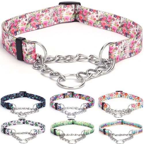 haoyueer Martingale Hundehalsband - Edelstahlkette, kein Ziehen, Trainingshalsband mit Blumen-Design für große, mittelgroße und kleine Hunde (L, Pfingstrose) von haoyueer