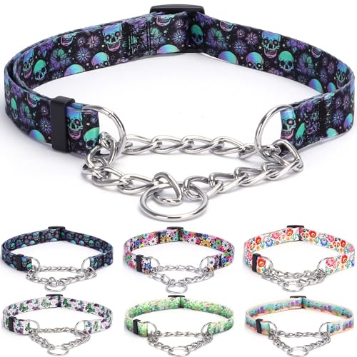 haoyueer Martingale Hundehalsband - Edelstahlkette, No Pull Erziehungshalsband mit Blumendesign für große mittelgroße kleine Hunde (L, Schädel) von haoyueer