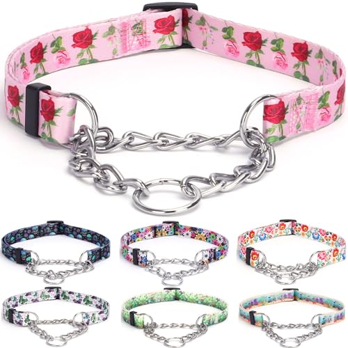 haoyueer Martingale Hundehalsband - Edelstahlkette, No Pull Trainingshalsband mit Blumen Design für Große Mittlere Kleine Hunde (L, Rosen) von haoyueer