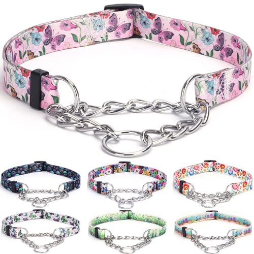 haoyueer Martingale Hundehalsband - Edelstahlkette, kein Ziehen, Trainingshalsband mit Blumen-Design für große, mittelgroße und kleine Hunde (L, Hornblume) von haoyueer