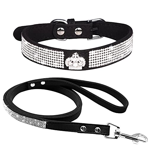 haoyueer Hundehalsband aus weichem Wildleder, schillernd, funkelnd, elegant, ausgefallen, mit Strasssteinen besetzt, für Haustiere, Welpen, Katzen, Hunde, Kombi-Set mit Leine von haoyueer