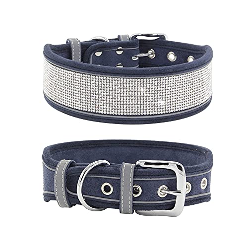 haoyueer Hundehalsband mit Strasssteinen, schillernd, funkelnd, weiches Wildleder, reflektierend, für große und mittelgroße Hunde (S: 30,5–38,1 cm, Marineblau) von haoyueer