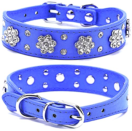 haoyueer Strass Hundehalsband, niedliche Blume Strass Katze Hundehalsband Bling Halsband PU Leder Halsband Verstellbare Größen Small Medium Large (S, Dunkelblau) von haoyueer